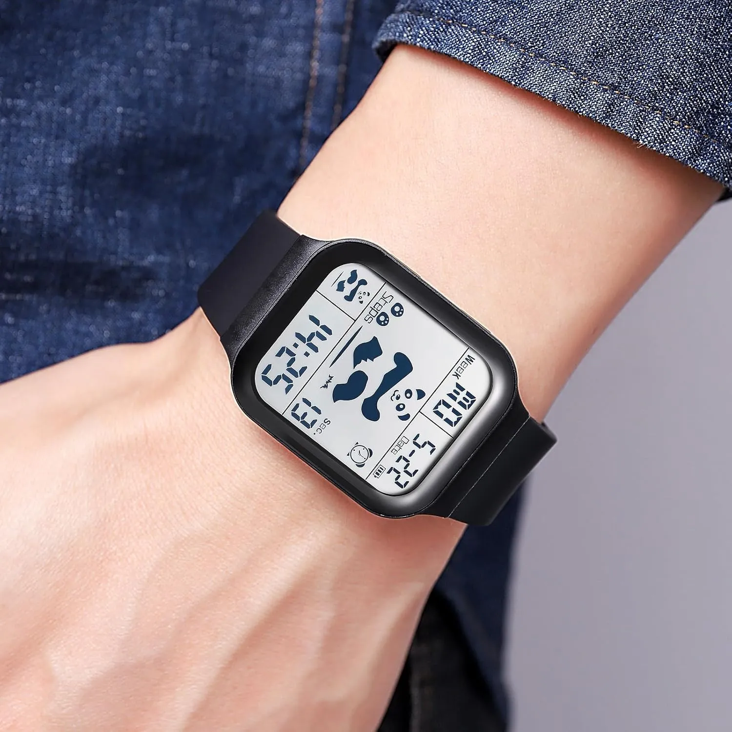 Luminous LED Display Silicone Strap Wrist Watch for Men handicraft swear discrimination imprint Women Cute Panda Pattern Gosasa Square Digital Watch Men Women Sports Waterproof Multifunction Large Face 