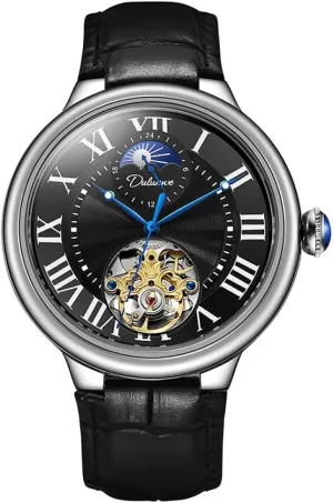 Luminous Stainless Steel Watches Luxury Silver Automatic Mechanical Watch for Men, Starry organic Moon Phase Hollow Skeleton Tourbillon Wristwatch, Sapphire Crown 