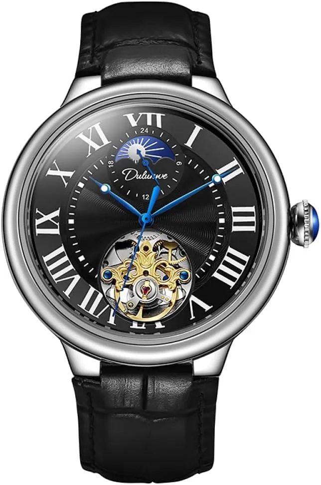 Luminous Stainless Steel Watches Luxury Silver Automatic Mechanical Watch for Men, Starry organic Moon Phase Hollow Skeleton Tourbillon Wristwatch, Sapphire Crown 