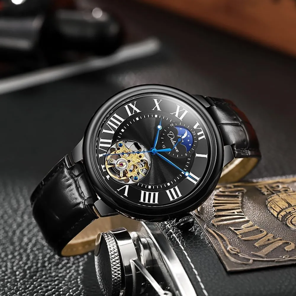 Luminous Stainless Steel Watches Luxury Silver Automatic Mechanical Watch for Men, Starry organic Moon Phase Hollow Skeleton Tourbillon Wristwatch, Sapphire Crown 