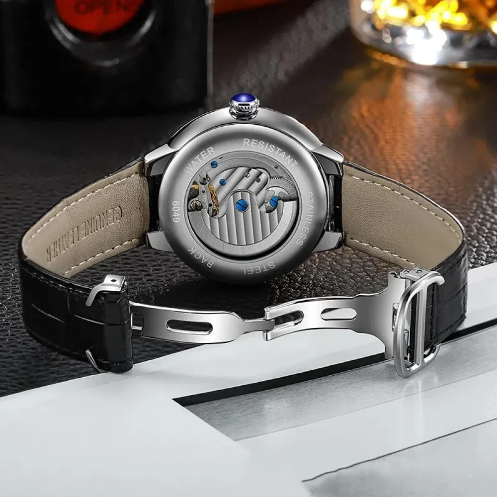 Luminous Stainless Steel Watches Luxury Silver Automatic Mechanical Watch for Men, Starry organic Moon Phase Hollow Skeleton Tourbillon Wristwatch, Sapphire Crown 