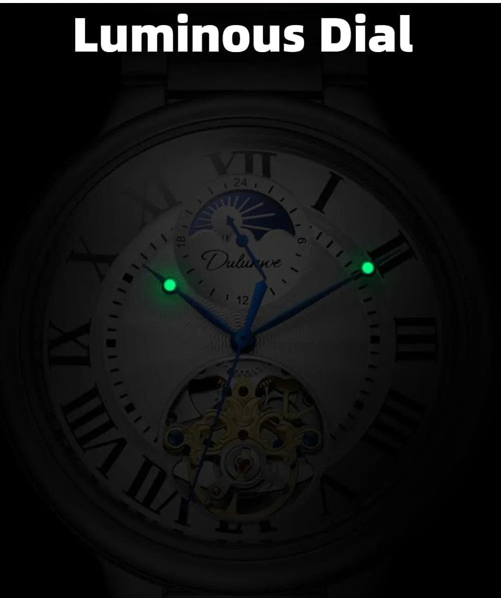 Luminous Stainless Steel Watches Luxury Silver Automatic Mechanical Watch for Men, Starry organic Moon Phase Hollow Skeleton Tourbillon Wristwatch, Sapphire Crown 