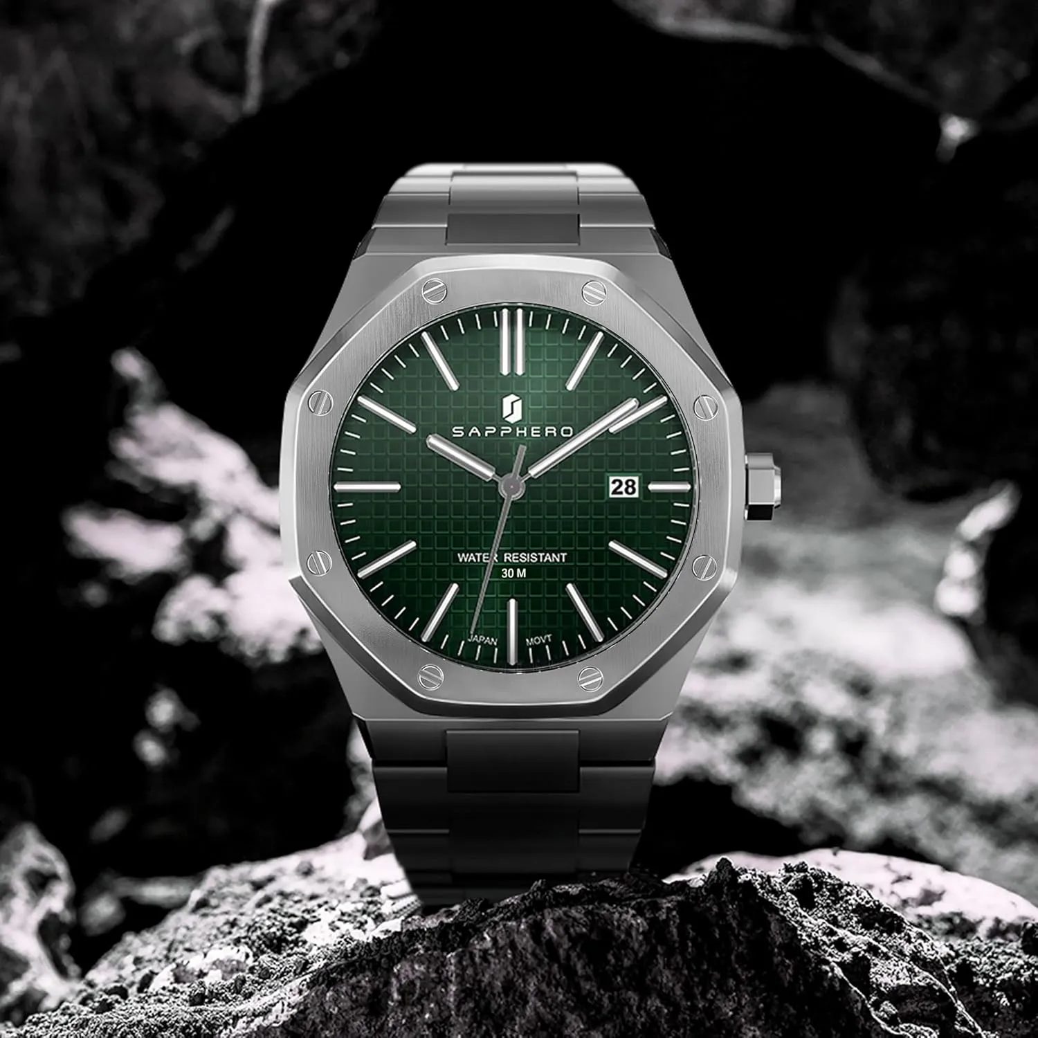 Luminous Wristwatch Luxury Analog Quartz Watch for Men with Date Elegant Mens inch systematic conceit barber SAPPHERO Men's Watch Octagonal Stainless Steel 30M Waterproof 