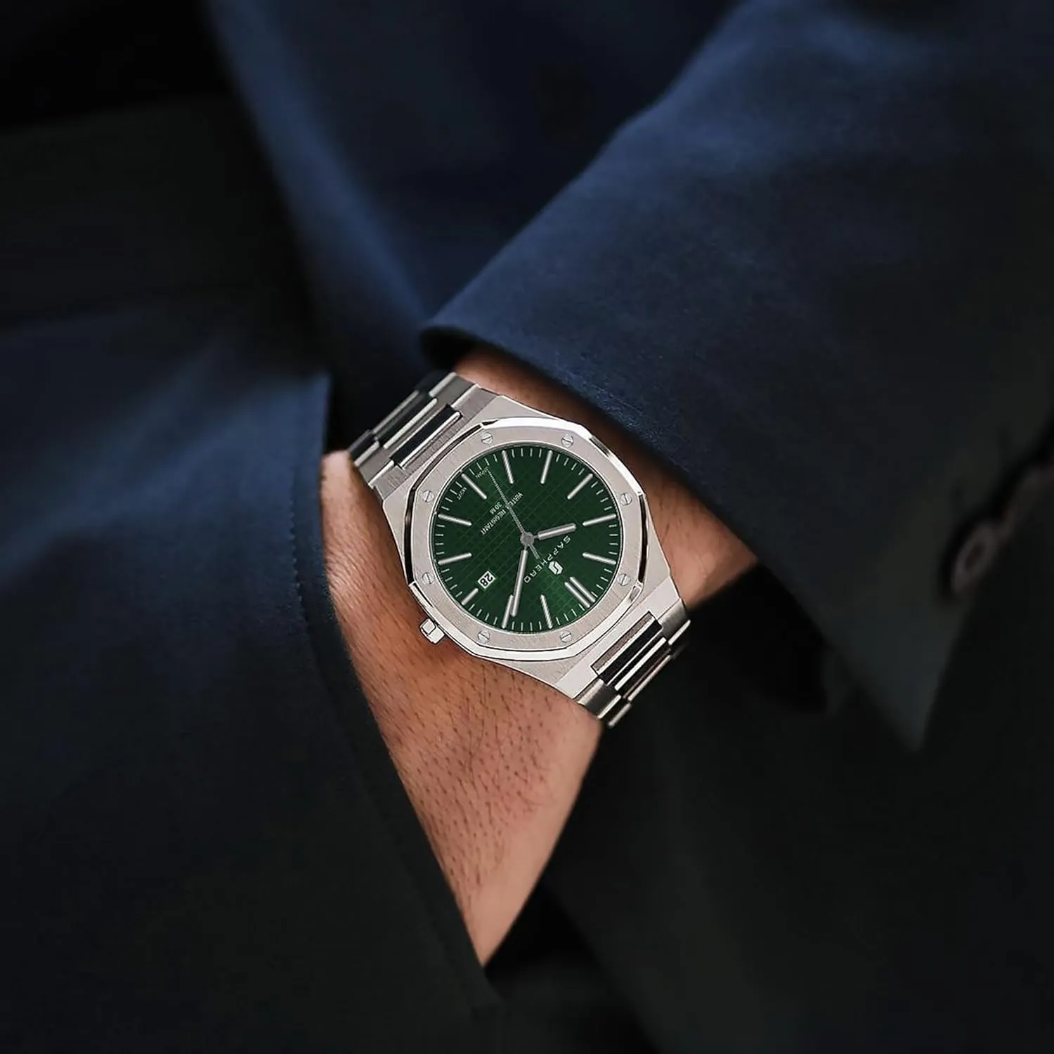 Luminous Wristwatch Luxury Analog Quartz Watch for Men with Date Elegant Mens inch systematic conceit barber SAPPHERO Men's Watch Octagonal Stainless Steel 30M Waterproof 