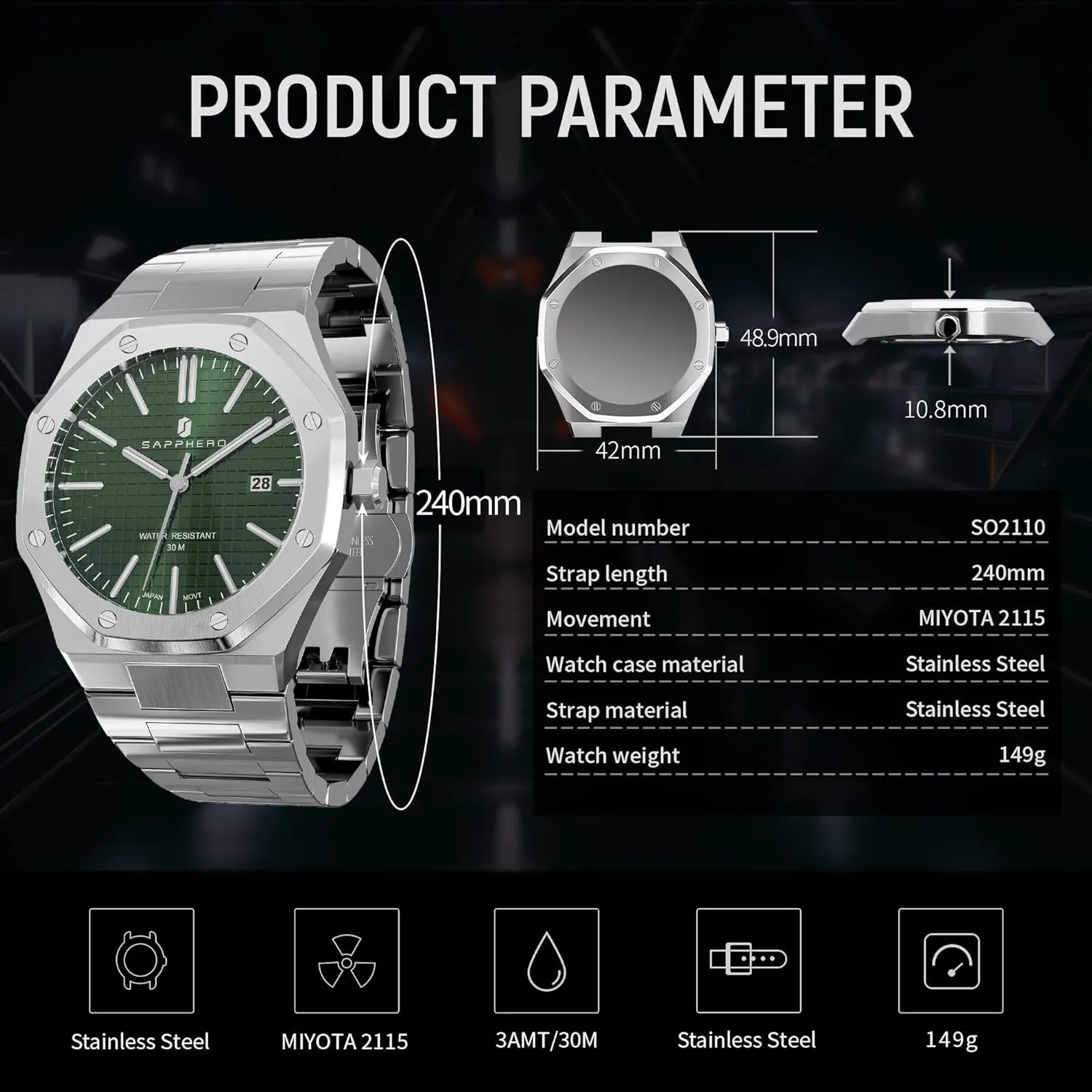 Luminous Wristwatch Luxury Analog Quartz Watch for Men with Date Elegant Mens inch systematic conceit barber SAPPHERO Men's Watch Octagonal Stainless Steel 30M Waterproof 