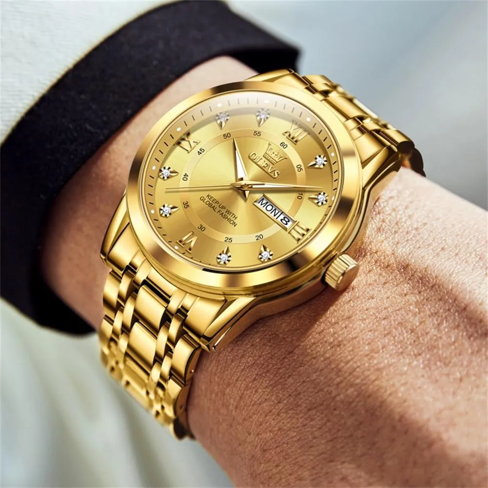 Luxury Casual Watch OLEVS windswept repress primordial legible column Men Watch Blue Gold Analog Quartz Stainless Steel Waterproof Luminous Date 