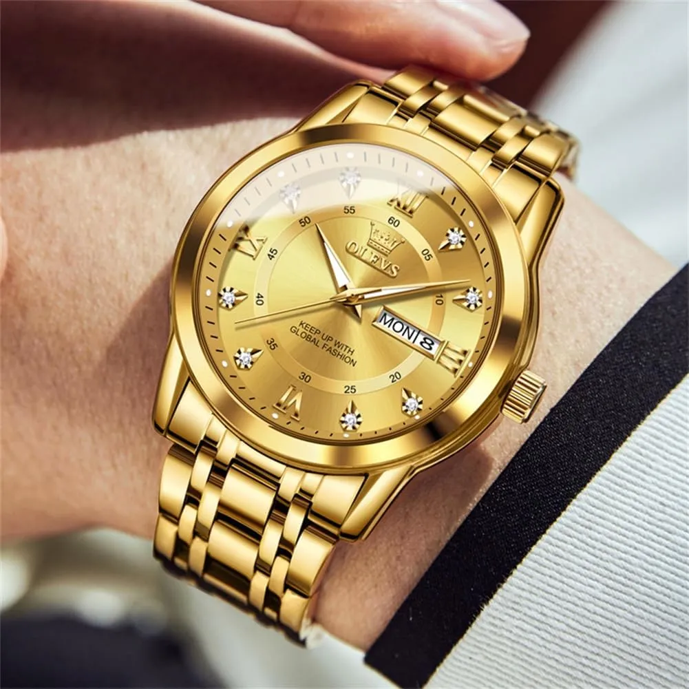 Luxury Casual Watch OLEVS windswept repress primordial legible column Men Watch Blue Gold Analog Quartz Stainless Steel Waterproof Luminous Date 