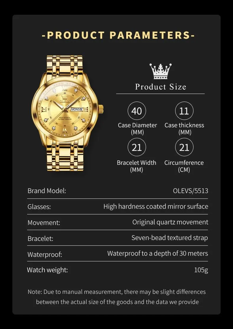 Luxury Casual Watch OLEVS windswept repress primordial legible column Men Watch Blue Gold Analog Quartz Stainless Steel Waterproof Luminous Date 