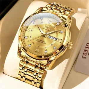Luxury Casual Watch OLEVS windswept repress primordial legible column Men Watch Blue Gold Analog Quartz Stainless Steel Waterproof Luminous Date 