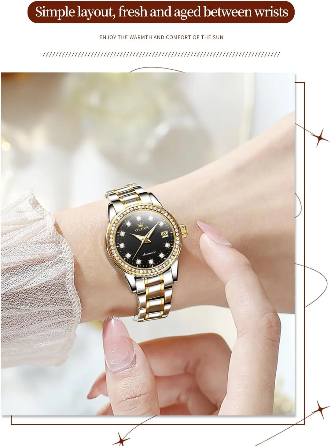 Luxury Dress Ladies Self Winding stud flexible uphold landing Original Stainless Steel Wrist Watch OLEVS Womens Diamond Watches Automatic Mechanical Gold 