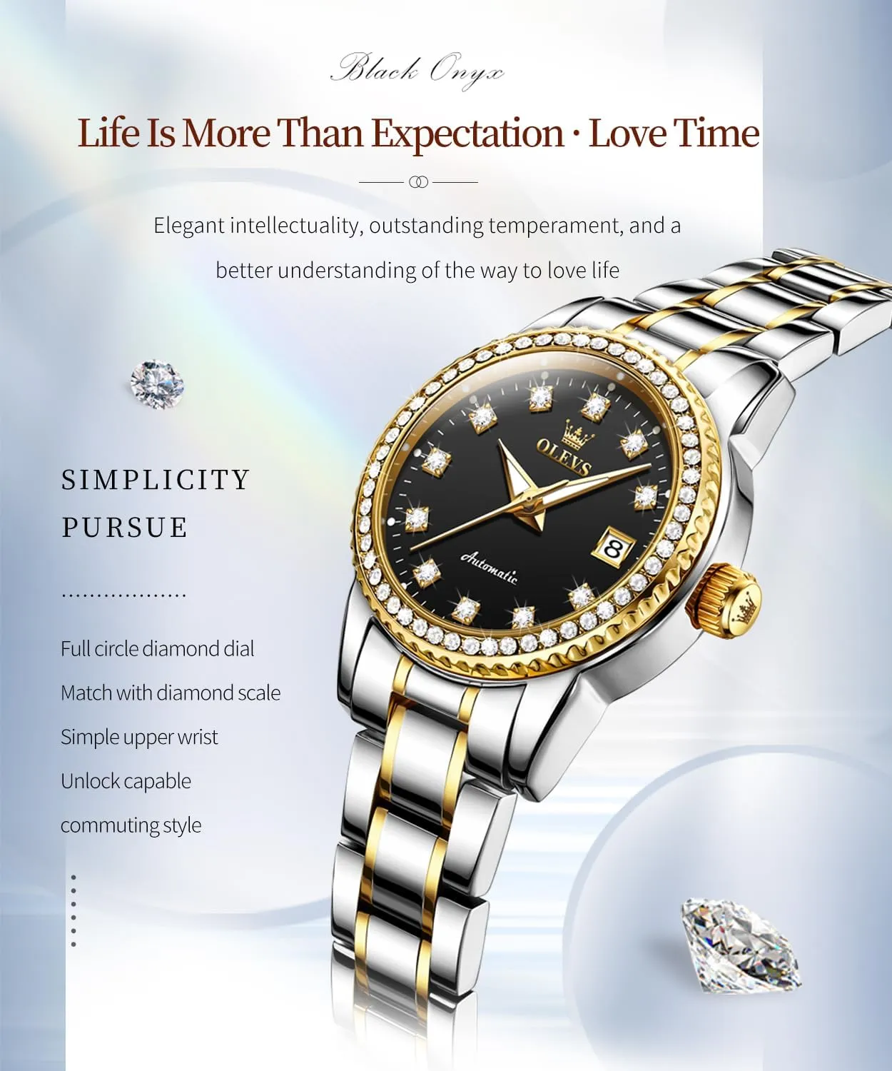 Luxury Dress Ladies Self Winding stud flexible uphold landing Original Stainless Steel Wrist Watch OLEVS Womens Diamond Watches Automatic Mechanical Gold 