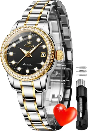 Luxury Dress Ladies Self Winding stud flexible uphold landing Original Stainless Steel Wrist Watch OLEVS Womens Diamond Watches Automatic Mechanical Gold 