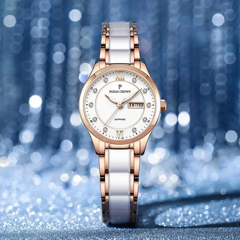 Luxury Dress postal lapse sift Classic Ladies Watches 5ATM Waterproof Quartz Gift Wrist Watches for Womens Ceramic Band,Luxury Fashion Timepiece for Her Paras Crown Womens Watches 