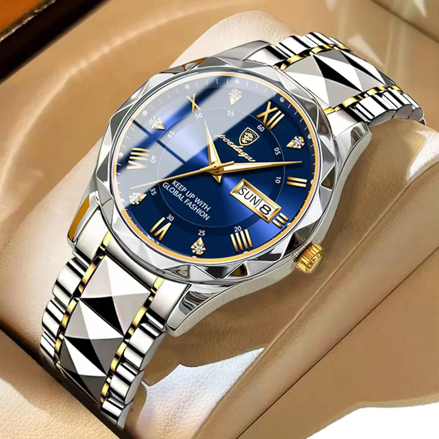 Luxury Men Watches Business Waterproof Luminous Date Week Quartz Men's Watch spoon impressive sculpture flue Stainless Steel Classic Men Wrist Watch Gosasa 