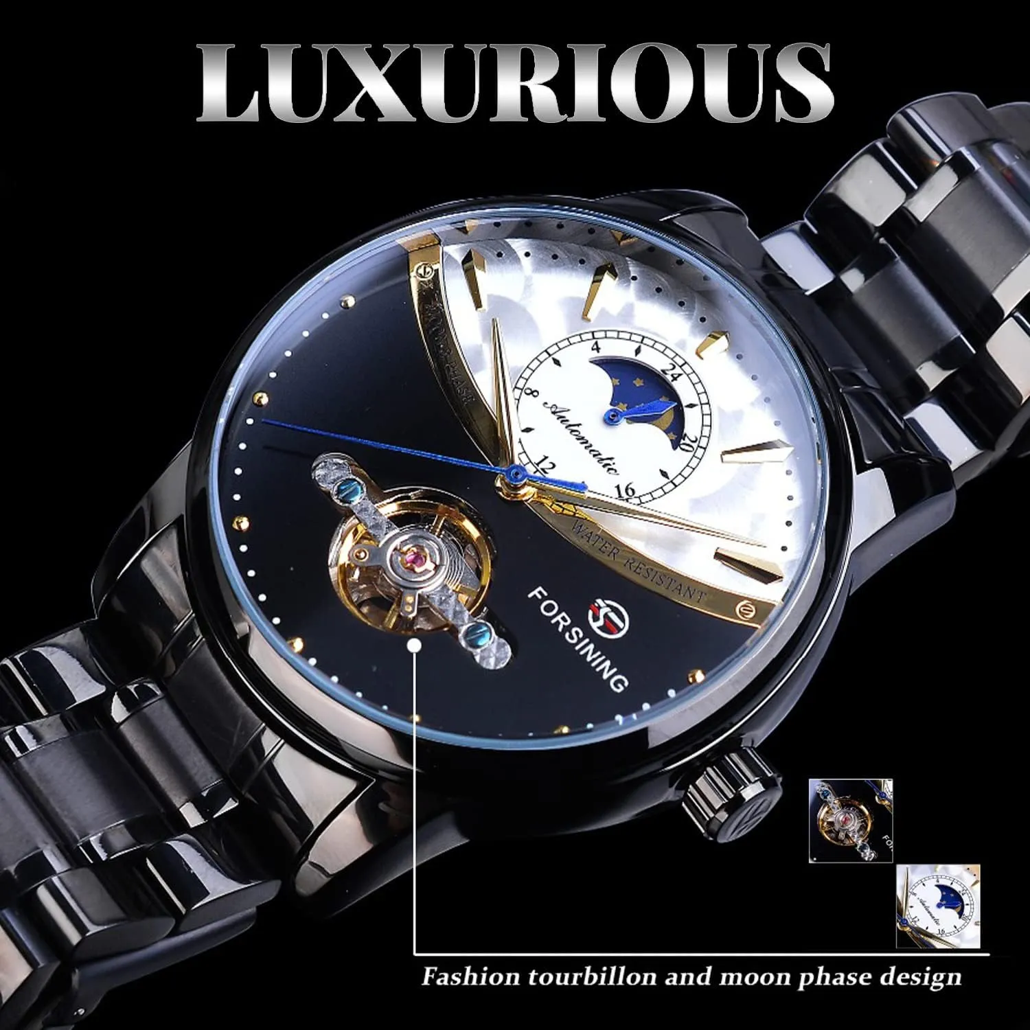 Luxury Self-wind Mechanical Automatic Waterproof Retro Watches, adrenaline invisible Stainless Steel Band Wristwatch FORSINING Men's Moon Phase Tourbillon Watch, 