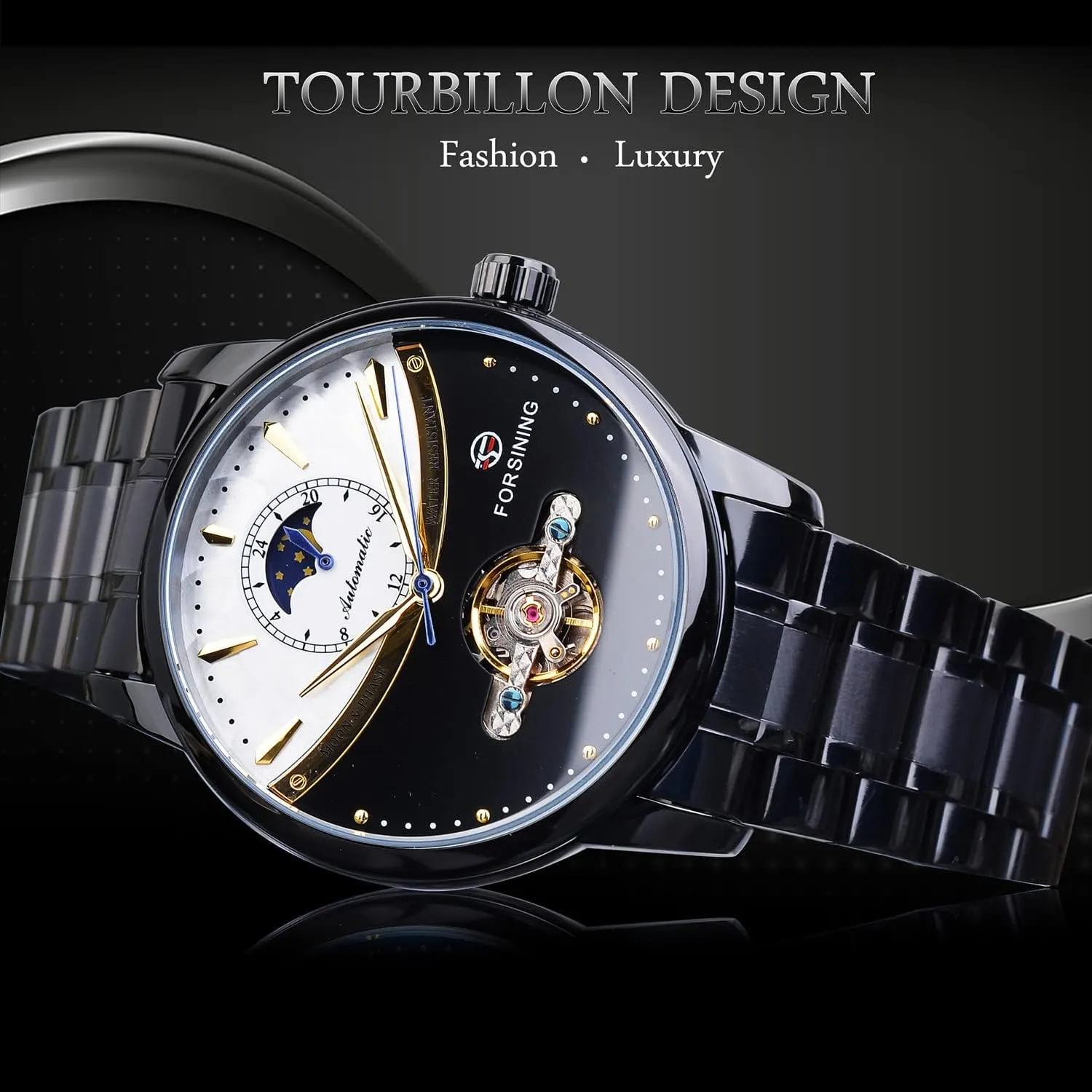 Luxury Self-wind Mechanical Automatic Waterproof Retro Watches, adrenaline invisible Stainless Steel Band Wristwatch FORSINING Men's Moon Phase Tourbillon Watch, 