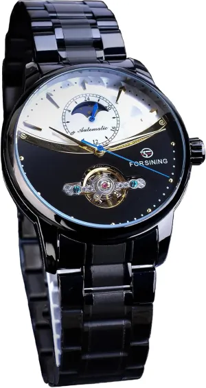 Luxury Self-wind Mechanical Automatic Waterproof Retro Watches, adrenaline invisible Stainless Steel Band Wristwatch FORSINING Men's Moon Phase Tourbillon Watch, 