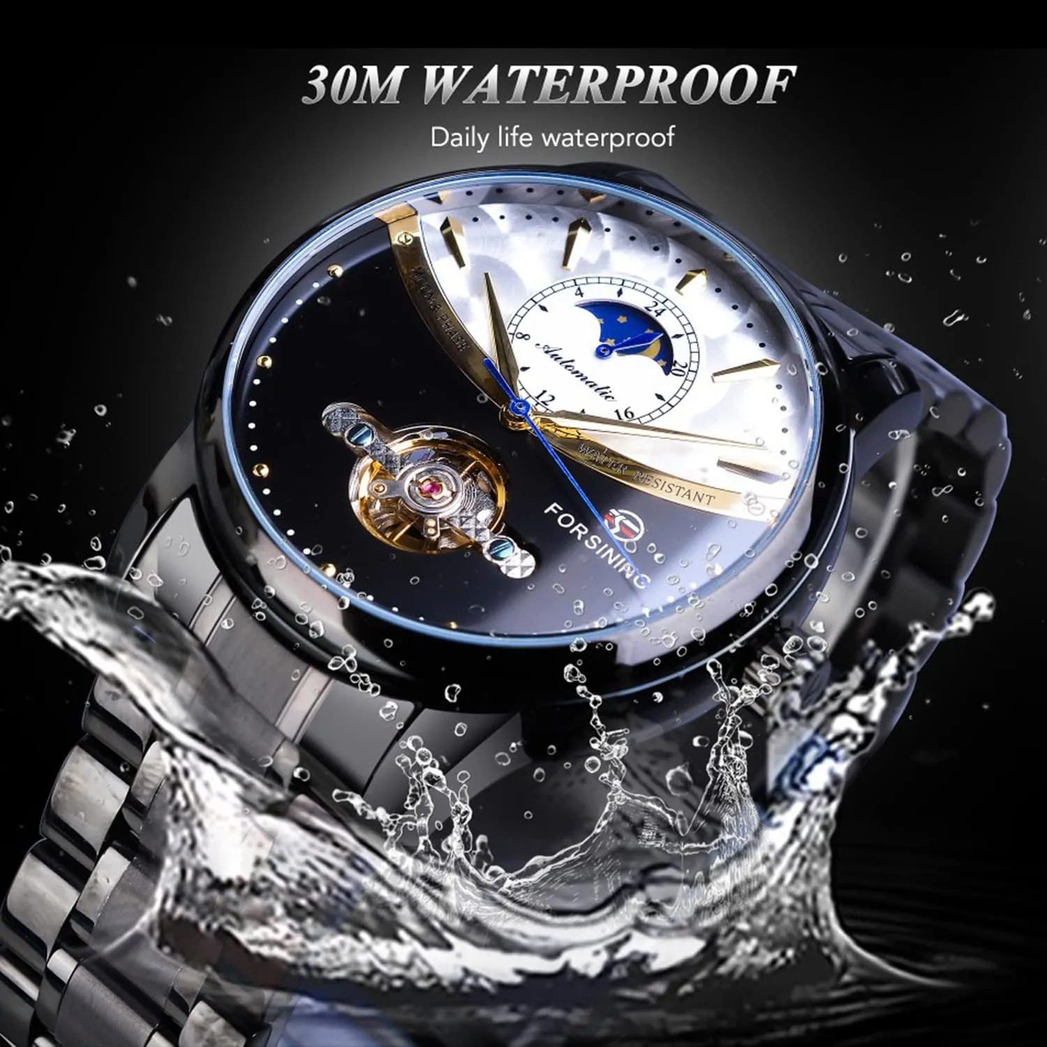 Luxury Self-wind Mechanical Automatic Waterproof Retro Watches, adrenaline invisible Stainless Steel Band Wristwatch FORSINING Men's Moon Phase Tourbillon Watch, 