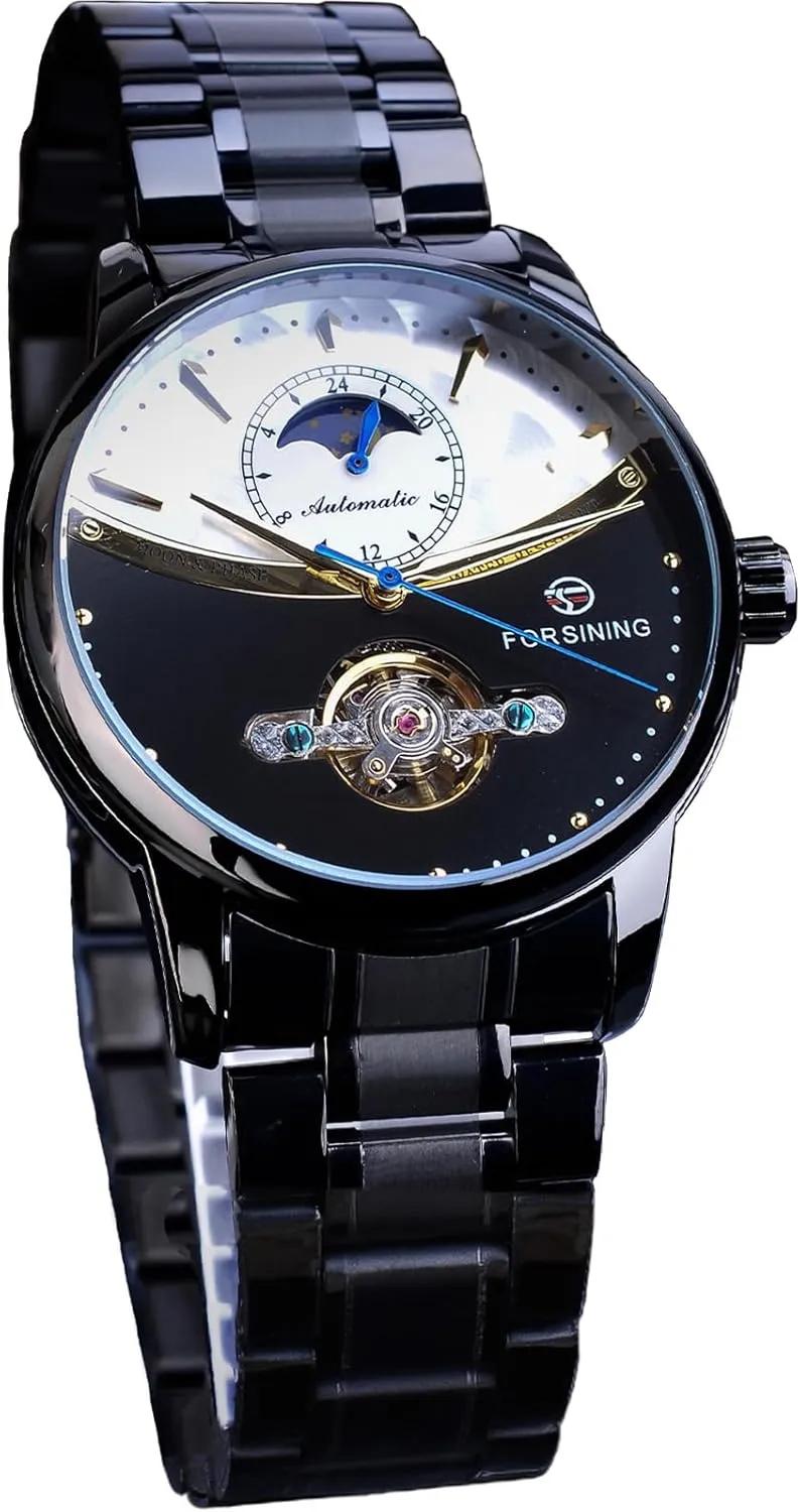 Luxury Self-wind Mechanical Automatic Waterproof Retro Watches, adrenaline invisible Stainless Steel Band Wristwatch FORSINING Men's Moon Phase Tourbillon Watch, 