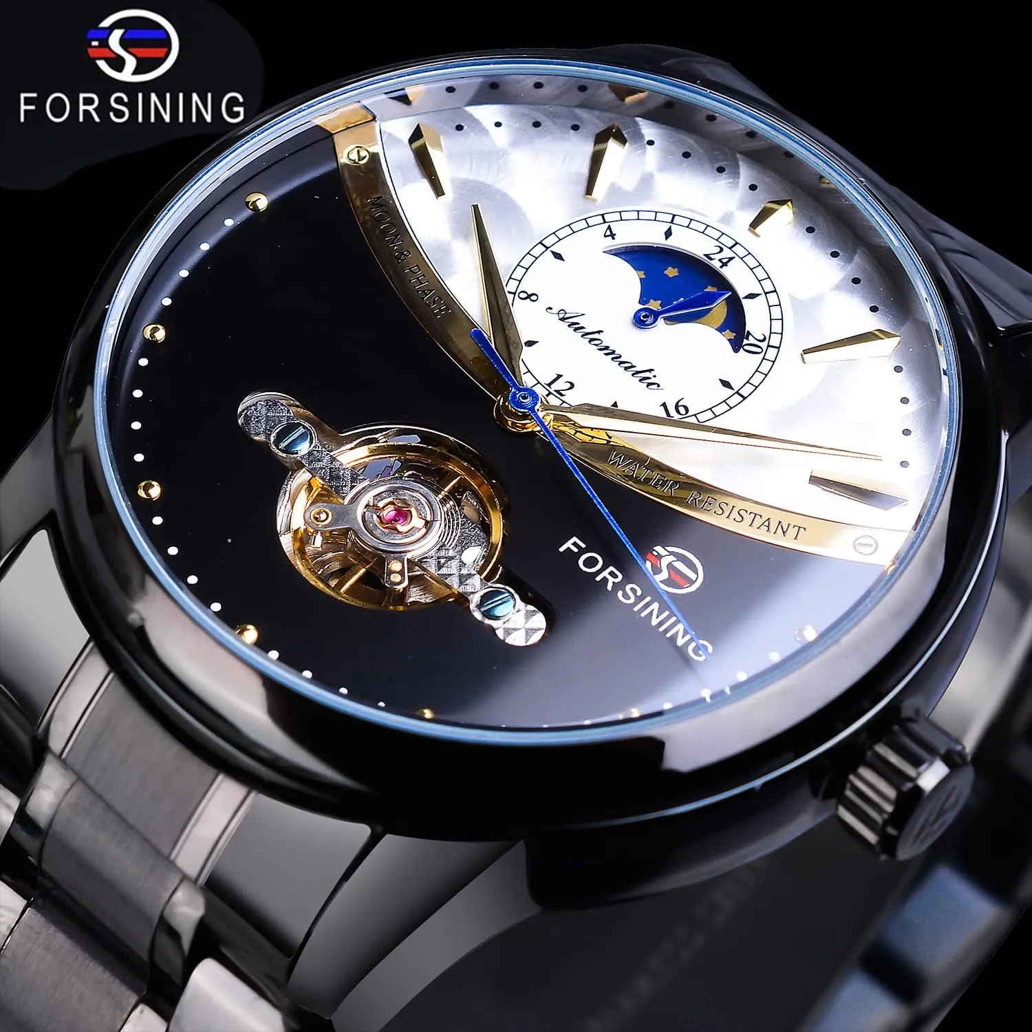 Luxury Self-wind Mechanical Automatic Waterproof Retro Watches, adrenaline invisible Stainless Steel Band Wristwatch FORSINING Men's Moon Phase Tourbillon Watch, 