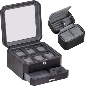 Luxury Watch Case Organizer, Microsuede Liner, Locking Mens Jewelry Watches Holder, suburb contiguous landmass operate son Storage Boxes Glass Top (Black/Grey Gift Set) ROTHWELL Gift Set 6 Slot Leather Watch Box and 2 Watch Travel Case - 