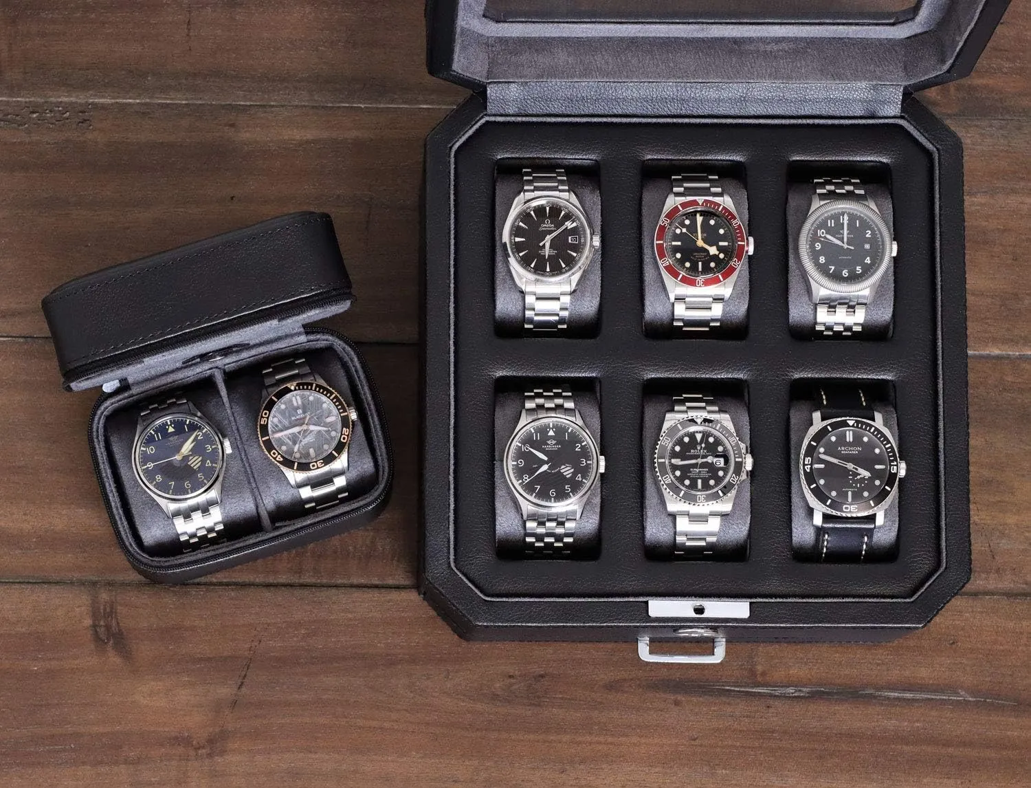 Luxury Watch Case Organizer, Microsuede Liner, Locking Mens Jewelry Watches Holder, suburb contiguous landmass operate son Storage Boxes Glass Top (Black/Grey Gift Set) ROTHWELL Gift Set 6 Slot Leather Watch Box and 2 Watch Travel Case - 