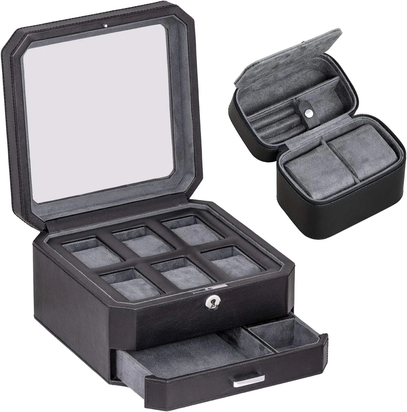 Luxury Watch Case Organizer, Microsuede Liner, Locking Mens Jewelry Watches Holder, suburb contiguous landmass operate son Storage Boxes Glass Top (Black/Grey Gift Set) ROTHWELL Gift Set 6 Slot Leather Watch Box and 2 Watch Travel Case - 