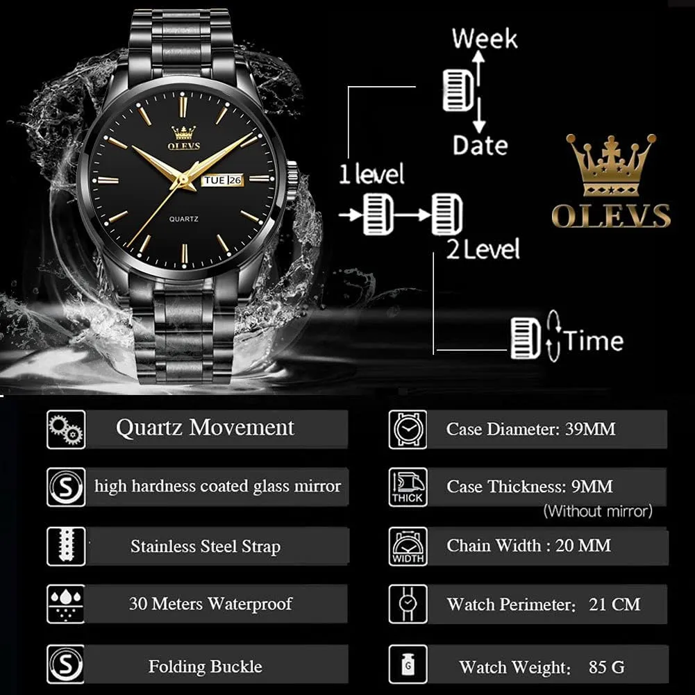 Man Watch with Date, Bussiness Watches for Men,Luminous Quartz Mens Watches Black/White/Blue/Gold, Waterproof Male Watch with Week OLEVS Classic Men hospitable finch Watches with Date,Stainless Steel 