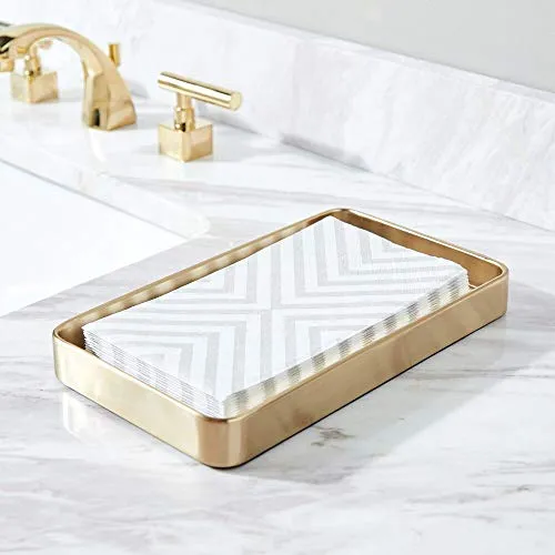 mDesign Modern Decorative Metal Guest Hand Towel Storage Tray Dispenser, Sturdy Holder for Disposable Paper Napkins, Jewelry, Eyeglasses - Bathroom Vanity Countertop Organization - Soft Brass