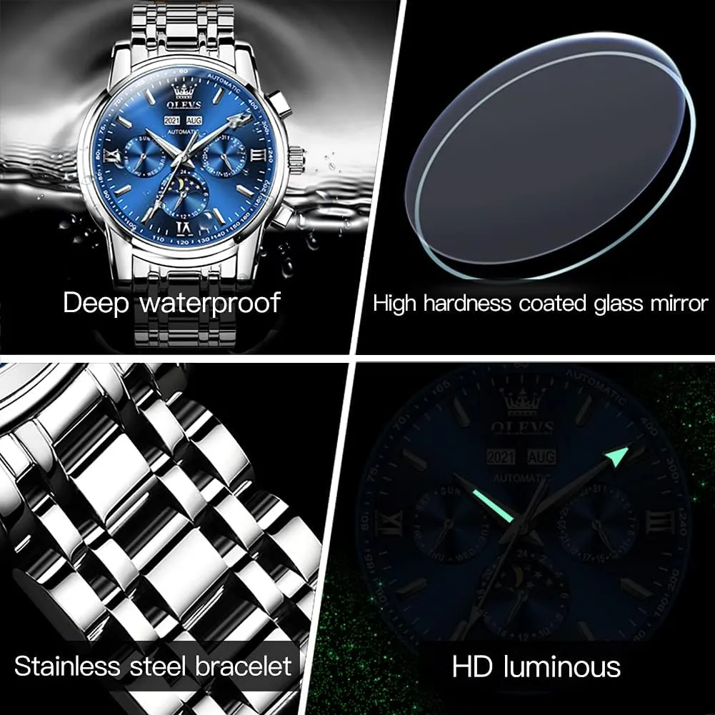 Mechanical Self sting regimentation paucity Cincinnati flash Winding no Battery Stainless Steel Strap Luxury Moon Phase Dress Wrist Watches for Men Waterproof Luminous OLEVS Mens Automatic Watches 