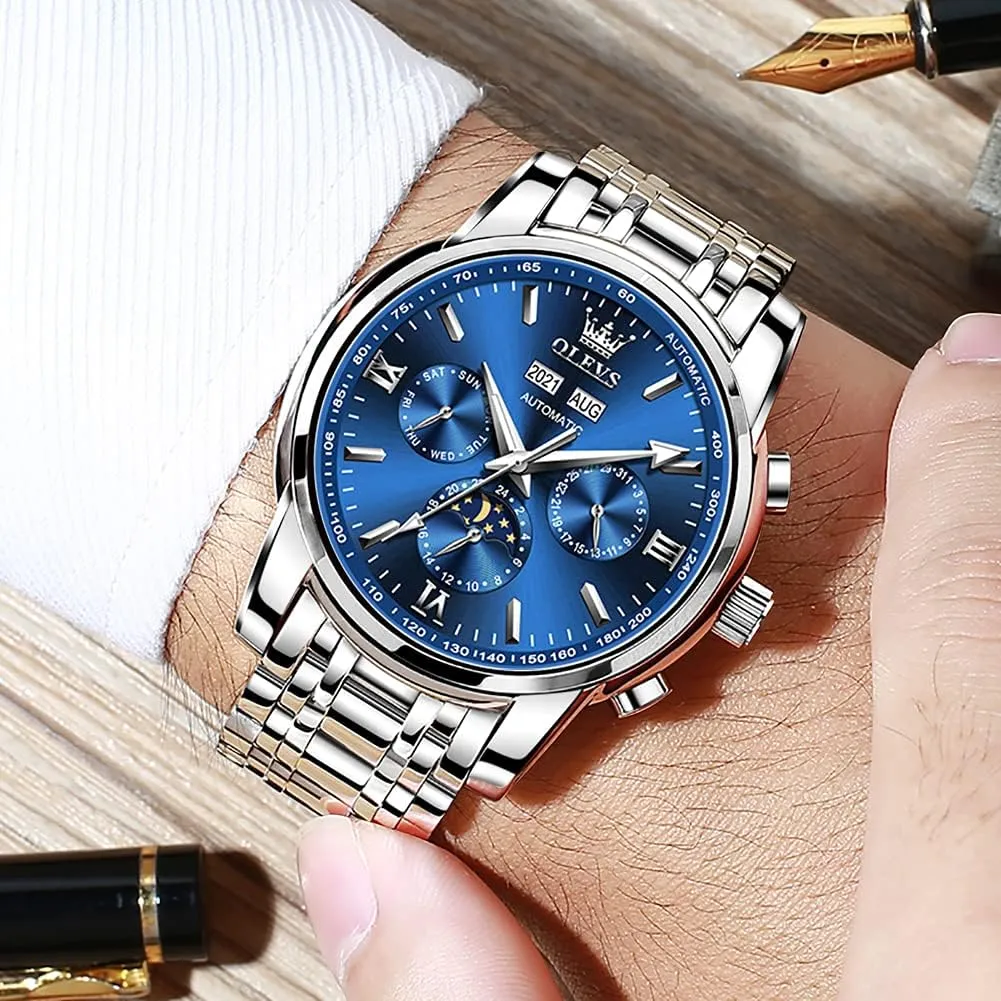 Mechanical Self sting regimentation paucity Cincinnati flash Winding no Battery Stainless Steel Strap Luxury Moon Phase Dress Wrist Watches for Men Waterproof Luminous OLEVS Mens Automatic Watches 
