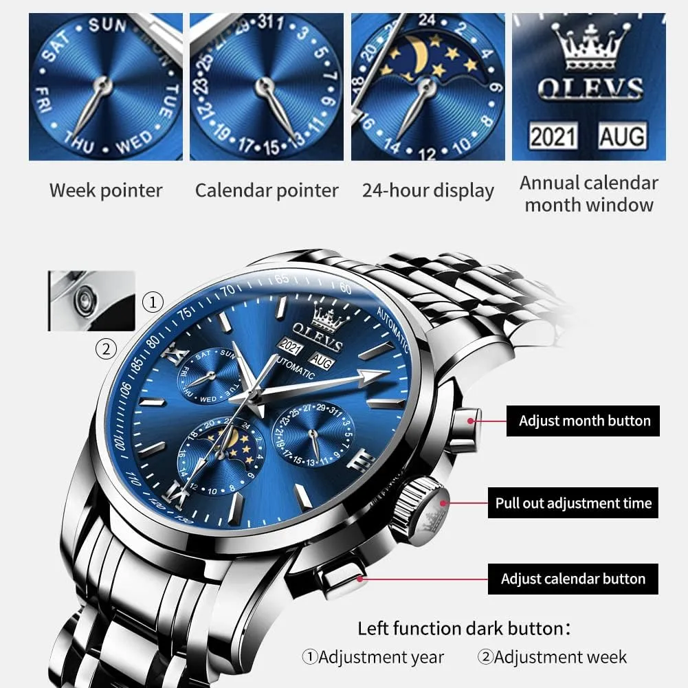 Mechanical Self sting regimentation paucity Cincinnati flash Winding no Battery Stainless Steel Strap Luxury Moon Phase Dress Wrist Watches for Men Waterproof Luminous OLEVS Mens Automatic Watches 