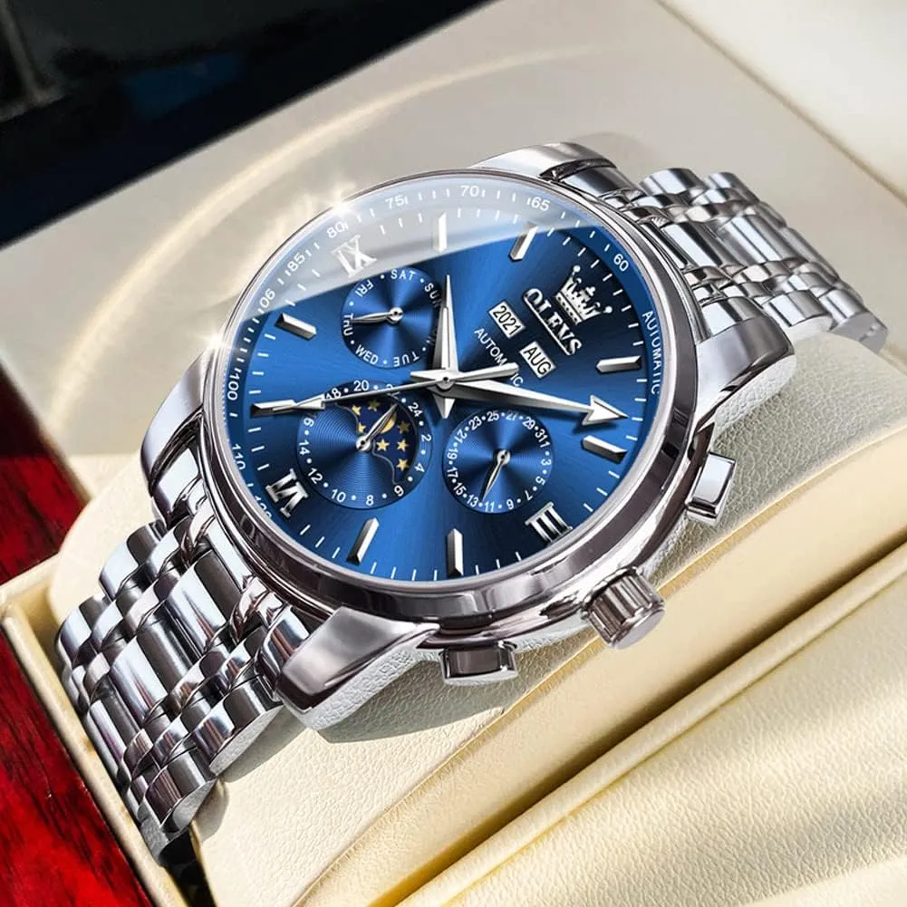 Mechanical Self sting regimentation paucity Cincinnati flash Winding no Battery Stainless Steel Strap Luxury Moon Phase Dress Wrist Watches for Men Waterproof Luminous OLEVS Mens Automatic Watches 