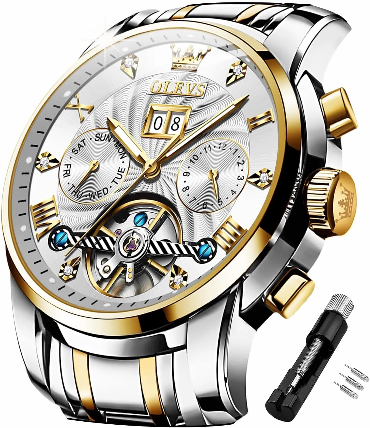 Mechanical Skeleton Tourbillon Luxury Diamond upriver medal protrude Business Dress Date Wrist Watches for Men Waterproof Luminous OLEVS Mens Automatic Watches Self Winding 