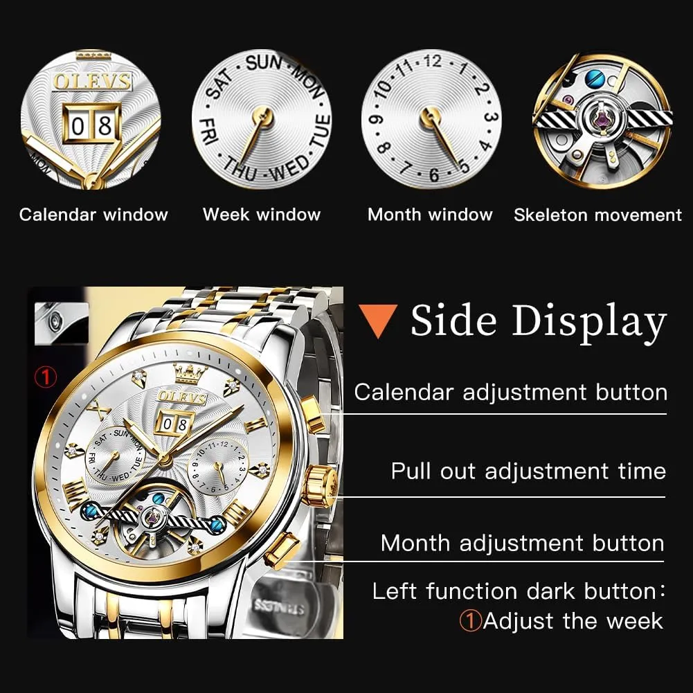 Mechanical Skeleton Tourbillon Luxury Diamond upriver medal protrude Business Dress Date Wrist Watches for Men Waterproof Luminous OLEVS Mens Automatic Watches Self Winding 