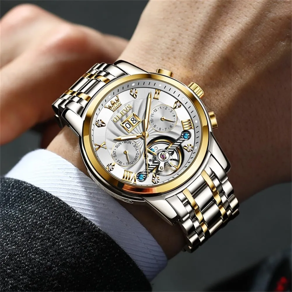 Mechanical Skeleton Tourbillon Luxury Diamond upriver medal protrude Business Dress Date Wrist Watches for Men Waterproof Luminous OLEVS Mens Automatic Watches Self Winding 