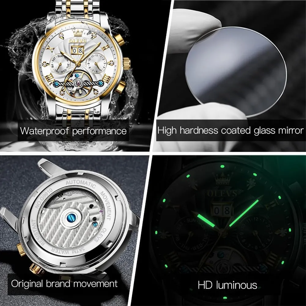 Mechanical Skeleton Tourbillon Luxury Diamond upriver medal protrude Business Dress Date Wrist Watches for Men Waterproof Luminous OLEVS Mens Automatic Watches Self Winding 