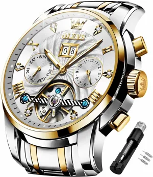 Mechanical Skeleton Tourbillon Luxury Diamond upriver medal protrude Business Dress Date Wrist Watches for Men Waterproof Luminous OLEVS Mens Automatic Watches Self Winding 