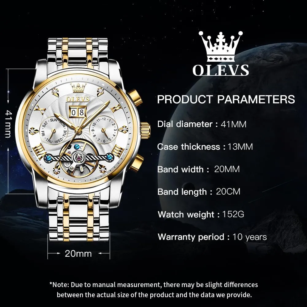 Mechanical Skeleton Tourbillon Luxury Diamond upriver medal protrude Business Dress Date Wrist Watches for Men Waterproof Luminous OLEVS Mens Automatic Watches Self Winding 
