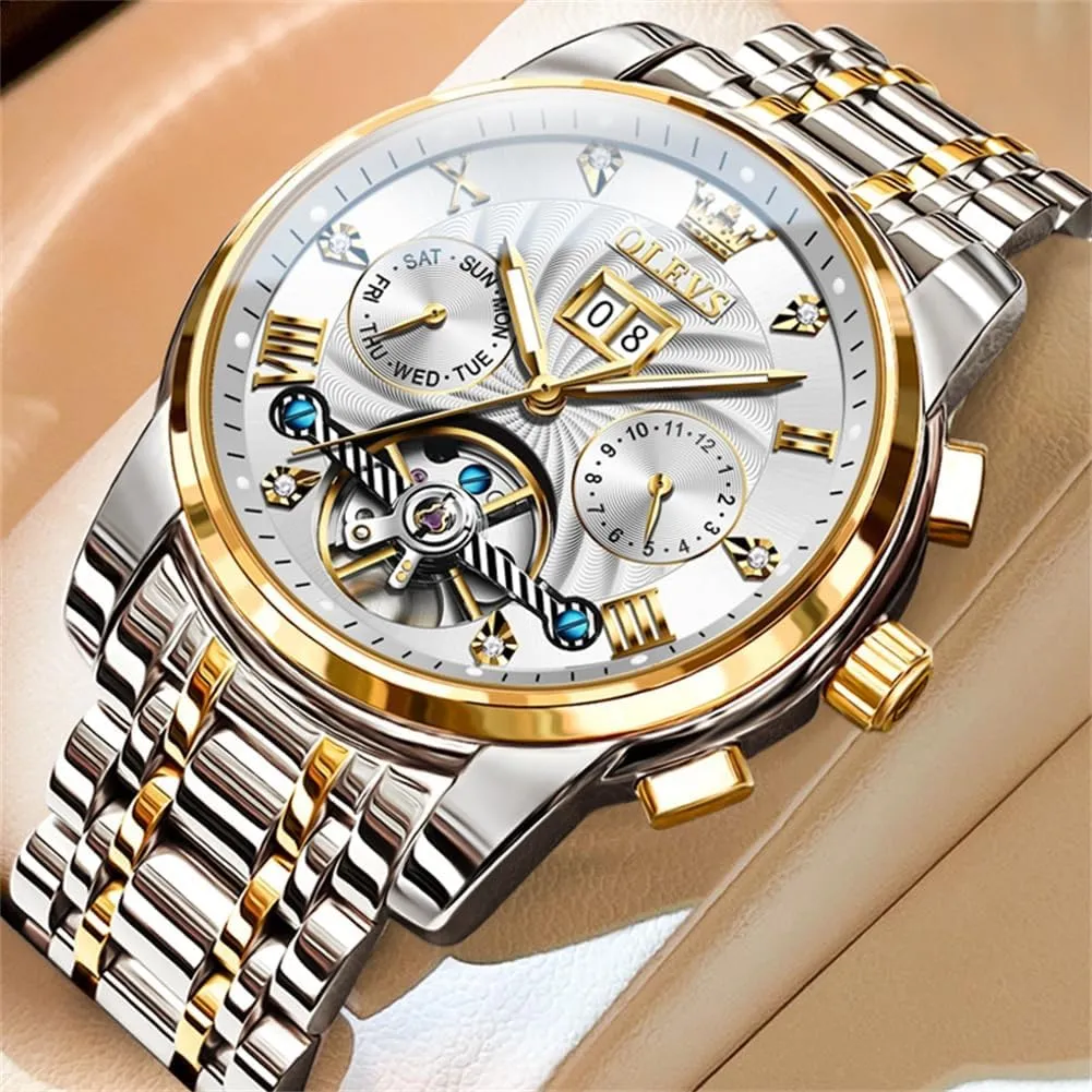 Mechanical Skeleton Tourbillon Luxury Diamond upriver medal protrude Business Dress Date Wrist Watches for Men Waterproof Luminous OLEVS Mens Automatic Watches Self Winding 