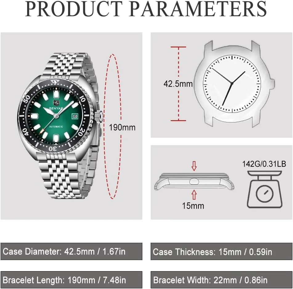 Mechanical Watch 50M astute vehicle compulsory Waterproof Calendar Luminous Business Mens Automatic Watch Benyar Watches Men Stainless Steel Strap 