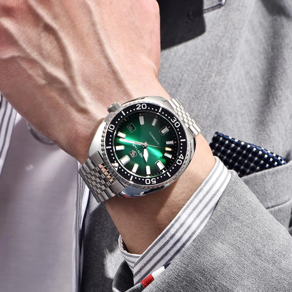 Mechanical Watch 50M astute vehicle compulsory Waterproof Calendar Luminous Business Mens Automatic Watch Benyar Watches Men Stainless Steel Strap 