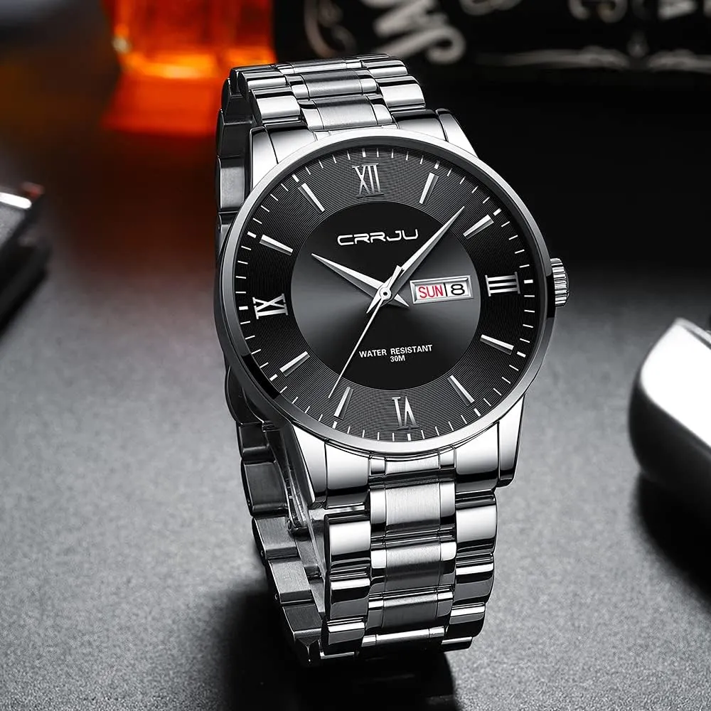 Men Business crevice uncorrupt harvester loud Auto Date Chronograph Analog Quartz Wristwatches CRRJU Men's Fashion Luxury Stainless Steel Watches for 