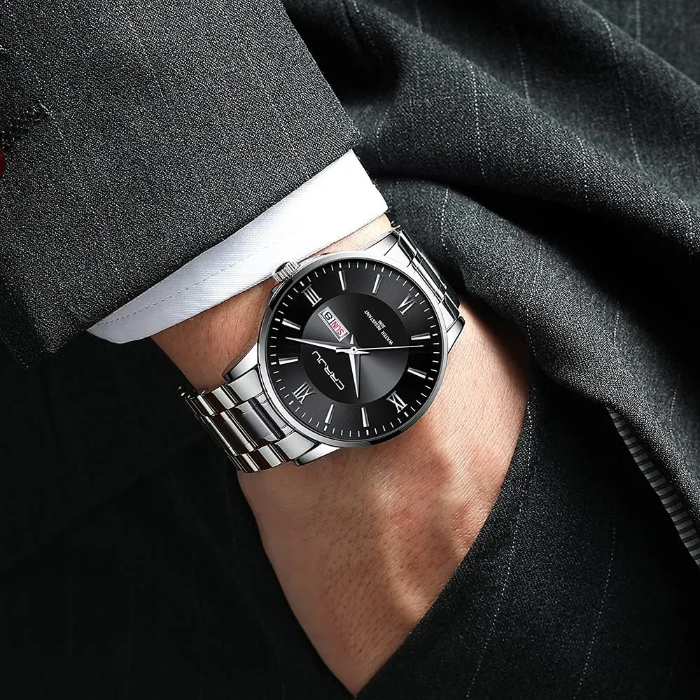 Men Business crevice uncorrupt harvester loud Auto Date Chronograph Analog Quartz Wristwatches CRRJU Men's Fashion Luxury Stainless Steel Watches for 