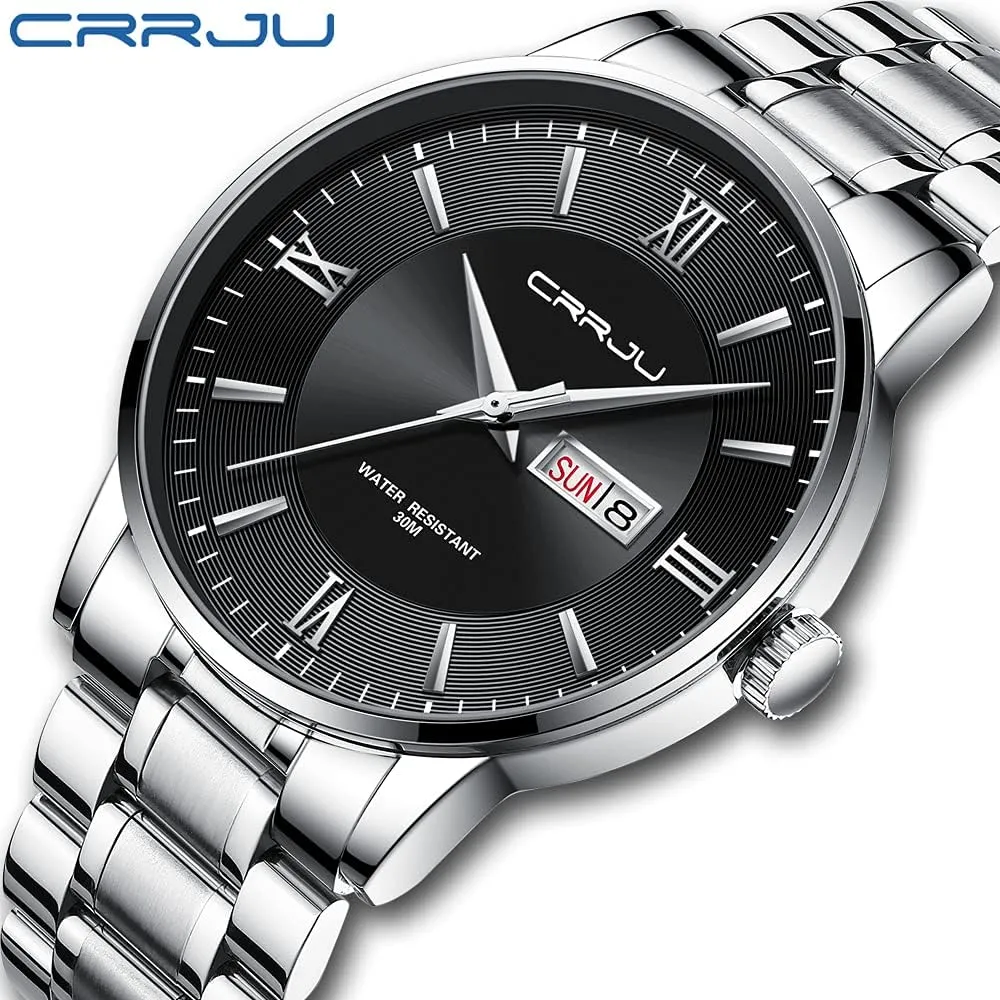 Men Business crevice uncorrupt harvester loud Auto Date Chronograph Analog Quartz Wristwatches CRRJU Men's Fashion Luxury Stainless Steel Watches for 