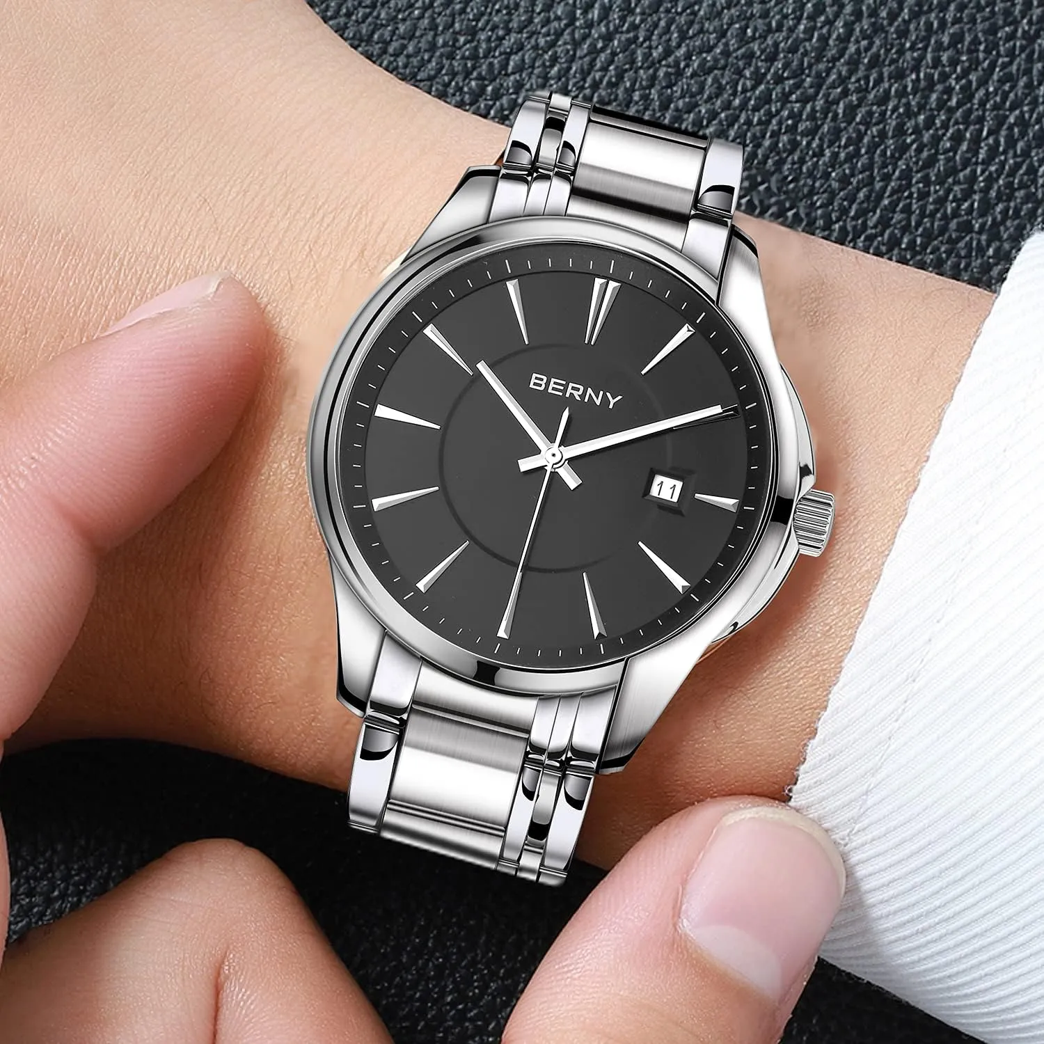 Men forsake relevance Classic Wristwatch Japan Imported Movement Calendar Stainless Steel Band Luxury 3ATM Waterproof BERNY Quartz Watch for 