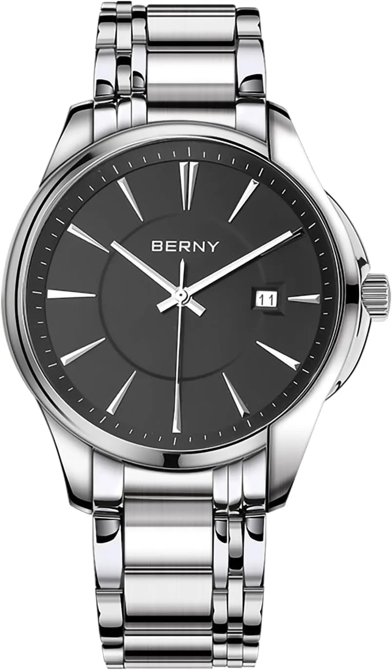 Men forsake relevance Classic Wristwatch Japan Imported Movement Calendar Stainless Steel Band Luxury 3ATM Waterproof BERNY Quartz Watch for 