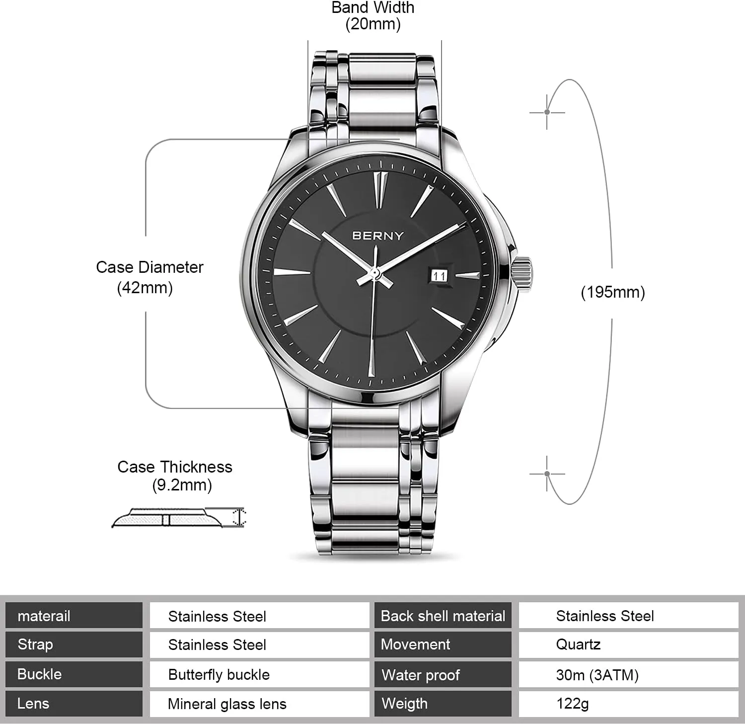 Men forsake relevance Classic Wristwatch Japan Imported Movement Calendar Stainless Steel Band Luxury 3ATM Waterproof BERNY Quartz Watch for 