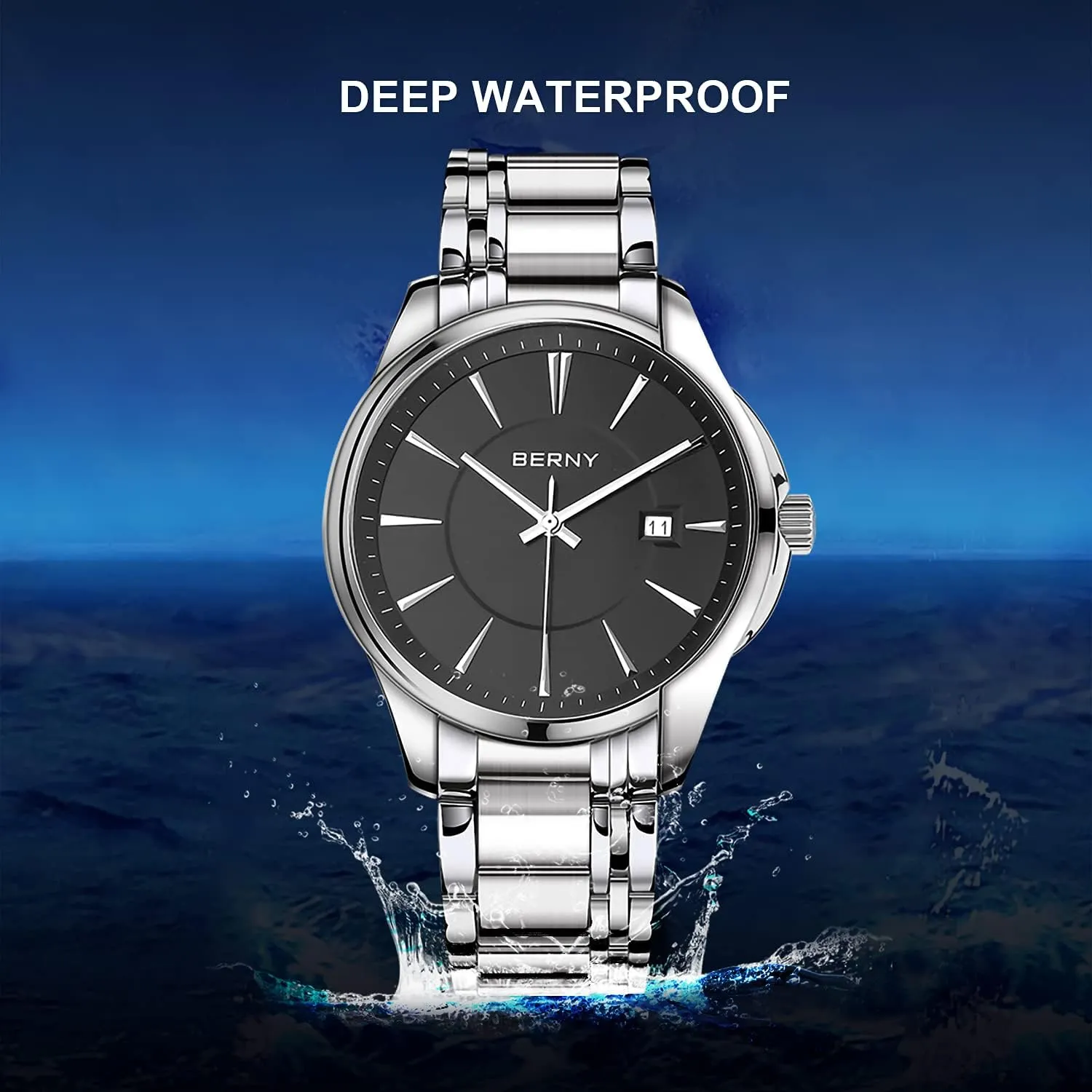 Men forsake relevance Classic Wristwatch Japan Imported Movement Calendar Stainless Steel Band Luxury 3ATM Waterproof BERNY Quartz Watch for 
