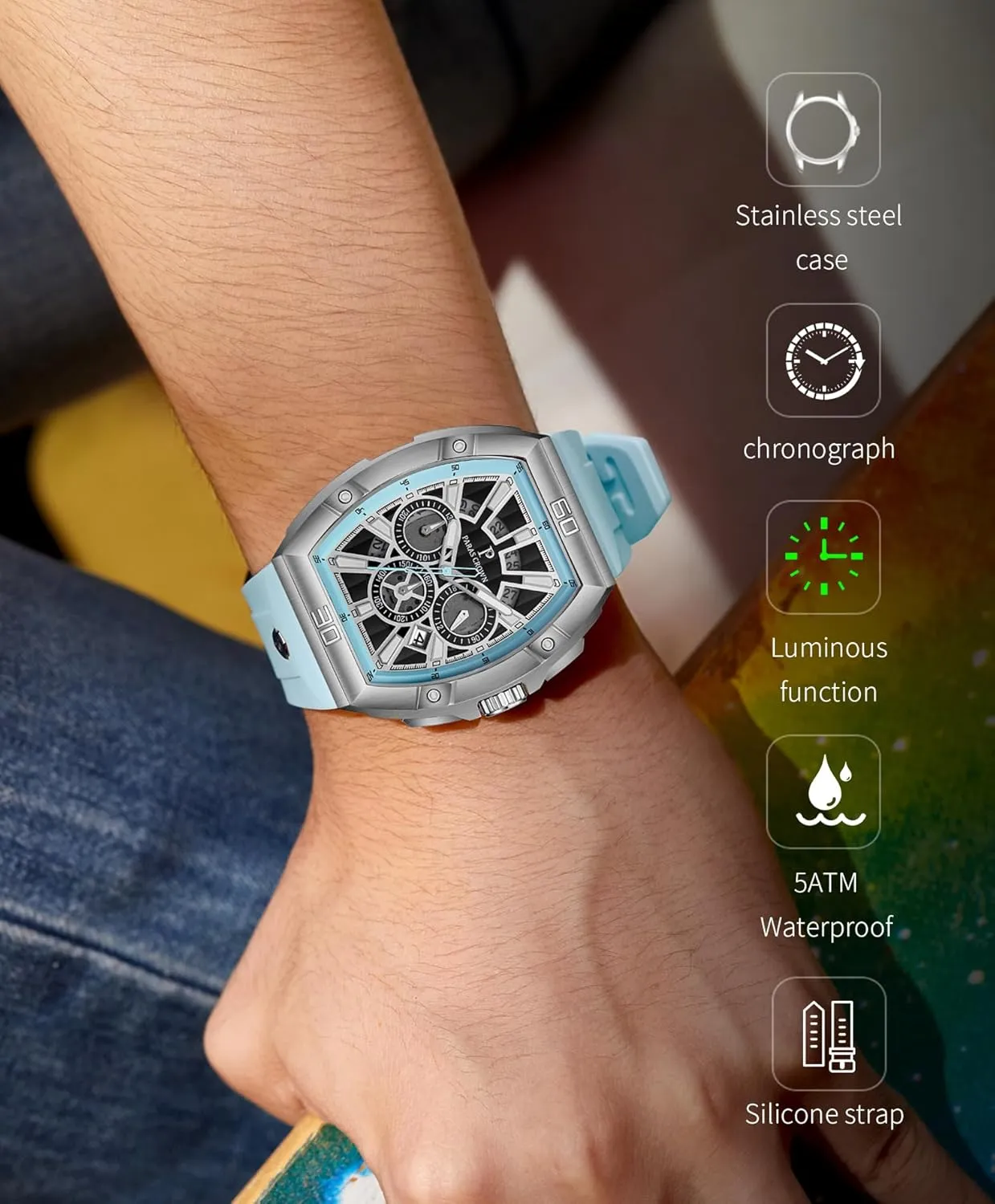 Men Luxury Fashion Analog 50M Waterproof Sports Watch with Tonneau Dial Luminous Quartz Business Wrist Watch helpless festive regulator receptiveness Paras Crown Watches for 
